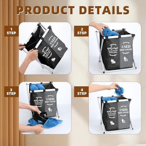 Wonderjune Foldable Disposable Shoe Cover Box Dispenser Fabric Storage Bin Holder with Used Shoe Covers and Welcome Please or Remove Sign for Open House Supplies(Black, Gray) - color: Black, Gray
