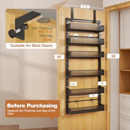 Pantry Door Organizers and Storage, 6-Tier Large Metal Heavy-Duty Frame Over the Door Spice Rack, 2 in 1 Wall-Mounted or Hanging shelf for Kitchen, Bathroom, Laundry Room, Bedroom, Closet &Nursery - color: Black, size: 17.2"W-6 tier