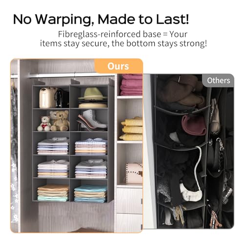 ALLTIDYUP Grey 5-Tier Hanging Closet Storage Organizer - Space-Saving Dual-Row Foldable Shelves with 3 Hooks, Wardrobe Organizer for Dorm, Bedroom, Clothes and Accessories - color: Grey, size: 5 Tier