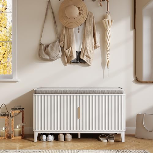 TOKSOM 39.4" Fluted Shoe Cabinet Storage with Bench, 2-Tier Entryway Bench with Adjustable Shelves and Detachable Cushioned Seat, Shoe Organizer Bench Cabinet for Entryway, Living Room, Hallway White - color: White