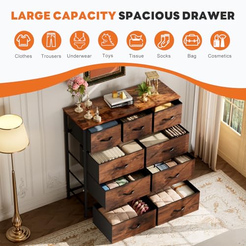 Sweetcrispy 9-Drawer Fabric Dresser Storage Tower with Wood Top and Steel Frame, Organizer Chest with Easy Pull Handles for Bedroom, Closet, Hallway,Distressed Brown - color: Brown, size: 11.8"D x 39.6"W x 39.8"H (9 Drawers)
