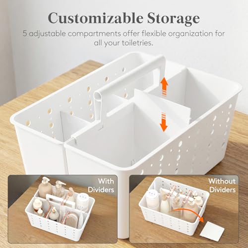 Lifewit Shower Caddy Portable, Cleaning Supplies Caddy Organizer with Handle and Adjustable Dividers, Plastic Shower Basket for Dorm Room Essentials, College, Bathroom, White, 1 Pack - color: White