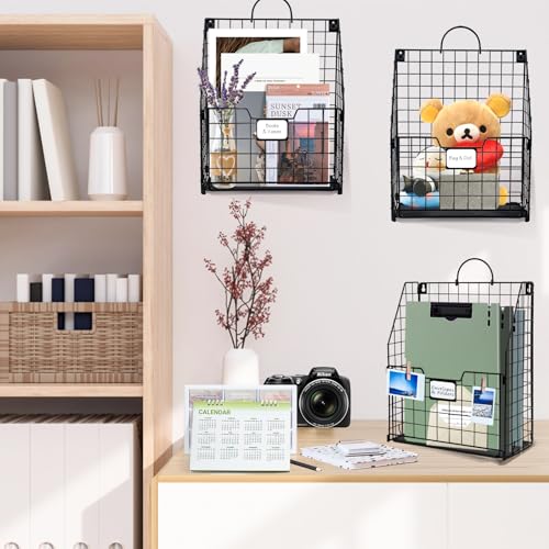 DILIBRA 4 Packs Hanging Wall File Organizer, Foldable Wall Magazine File Holder with Handle and Tag Slot, Metal Wall Mounted Mail Organizer Rack Folder Holder for Document Office Door Home Black