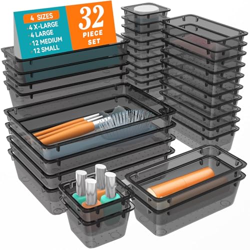WOWBOX 32 PCS Clear Plastic Drawer Organizer Set, 4 Sizes Desk Drawer Organization and Storage Containers for Makeup, Cosmetics, Jewelry and Gadgets in Kitchen, Bathroom, Bedroom, Office, Clear Black - color: Black, size: 32 PCS
