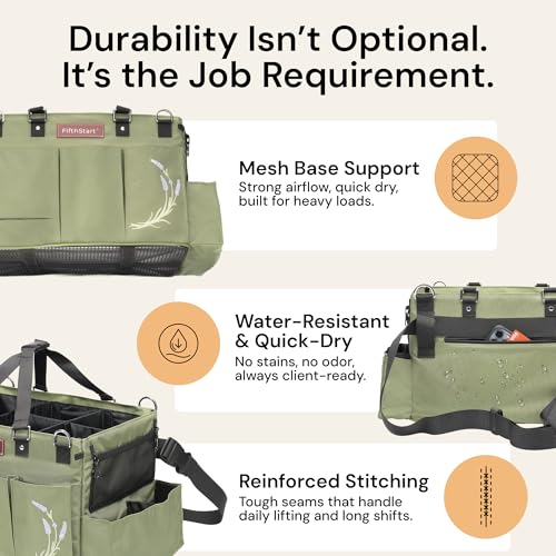 FifthStart Cleaning Caddy Bag for Professionals - Heavy-Duty Organizer with Shoulder Strap, 9 Pockets, Washable Mesh Base & Adjustable Compartments for Cleaning Supplies (Green, Large) - color: Green, size: Large