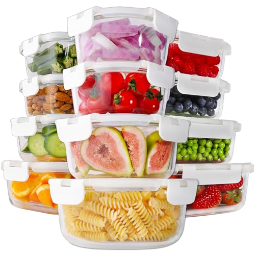 HOMBERKING 24pc Glass Food Storage Containers with Lids, Glass Meal Prep Containers with Leak Proof Snap Lock Lids, Airtight Bento Lunch Boxes, Kitchen Storage (12 lids & 12 Containers) - White - color: White