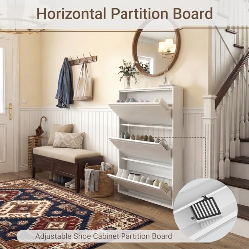 Shoe Cabinet with 3 Flip Drawers, Slim Metal Wall-Mounted Shoe Storage Organizer for Entryway, Hallway, Mudroom, Hidden Narrow Rack, White - style: 3 Flip Drawers