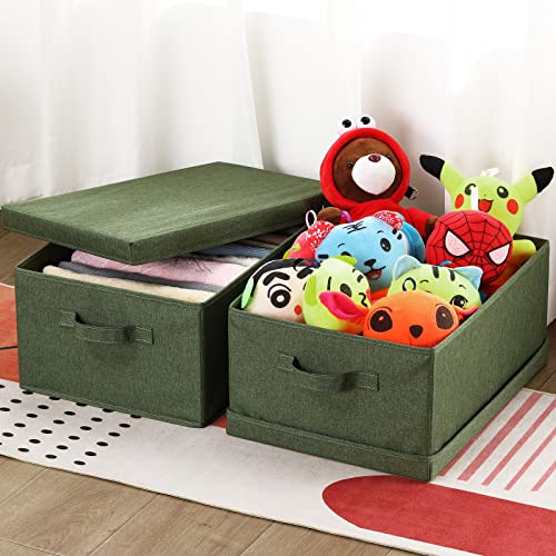 HOONEX Storage Bins with Lids for Organizing, Pack of 2, Storage Boxes with 2 Carrying Handles and Sturdy Heavy Cardboard, 16.5" L x 11.8" W x 7.5" H for Shoes, Books, Clothes, Olive - color: Olive