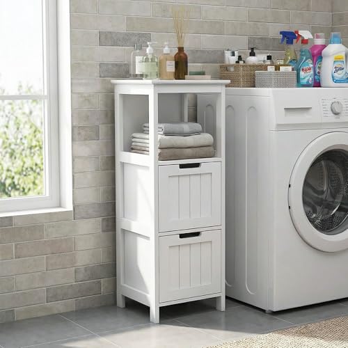 Casaphoria 2-Drawer Bathroom Floor Cabinet, Wooden Storage Organizer with Side Rack, Freestanding Stand Table for Bathroom, Hallway, White - size: 13"L×13"W×35.43"H