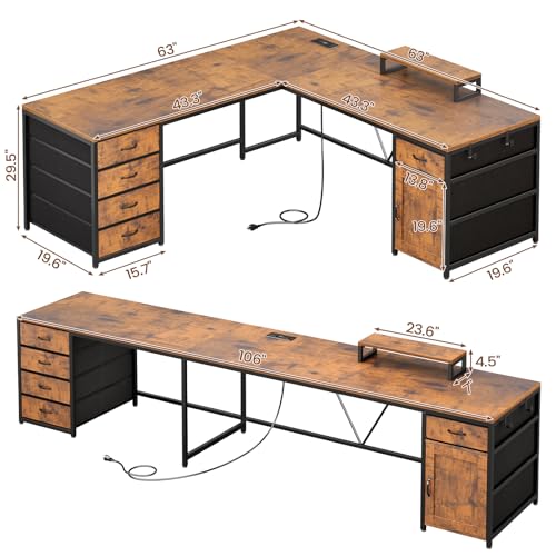 SEDETA L Shaped Desk, 63'' Corner Desk with 5 Drawer & Power Outlet, Larger Home Office Desk or Gaming Desk, L Shaped Corner Desk with Monitor Shelf, Storage Cabinet, Rustic Brown - color: Rustic Brown