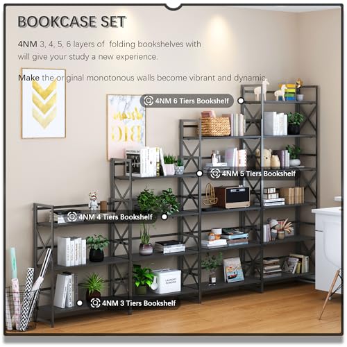 4NM 5 Tiers No Assembly Book Shelves, 51.2" H Folding Bookshelf Bookcase Open Industrial Foldable Shelves for Bedroom, Living Room, Home Office - All Black - color: All Black, size: XX 5-Tier