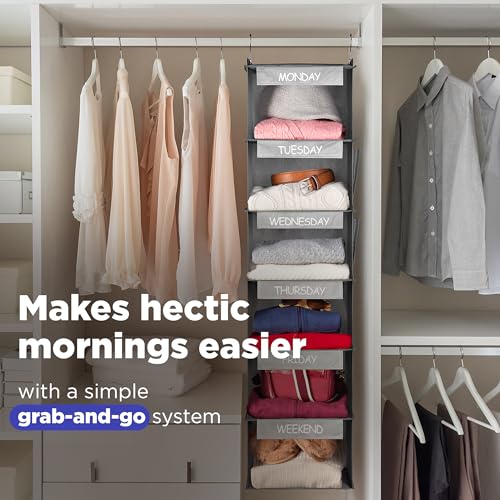 Handy Laundry Hanging Clothes Organizer for Kids - 6-Shelf Closet Daily Clothing Organization Labeled Shelves with Days of The Week Monday Through Friday, Weekday and Weekend (Grey) - color: Grey