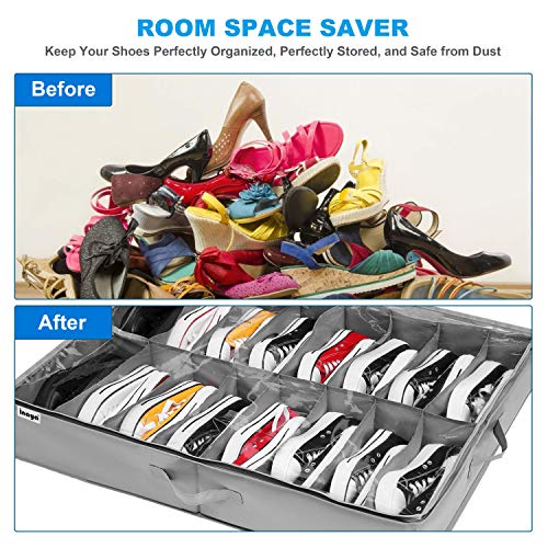 Under Bed Shoe Storage Organizer Set of 2, Fits 16+4 Pairs Boots Total, Underbed Shoe Box Storage Containers w/ Reinforced Handles, Clear Foldable Shoes Organizer Adjustable Dividers w/ Bottom Support - size: 16+4 Cells (Adjustable Dividers)