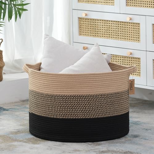 COMFY-HOMI XXXL Large Laundry Basket, Cotton Rope Nursery Woven Basket for Storage, Blanket Baskets Living Room Laundry Hamper, Dog Toy Storage Organizer, Home Decor-21''x21''x13.6''-Jute and Black - color: black/camel