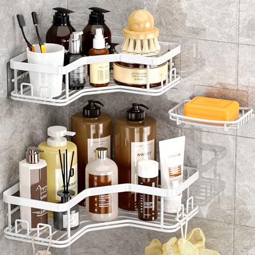 MAXIFFE 3 Pack X-Large Corner Shower Caddy with Soap Holder, Large Capacity Sturdy Easy Install No Drilling Stainless Steel Hold 40 LB Shower Organizer Shelves Rack for Family Renters Bathroom, White - color: White XL