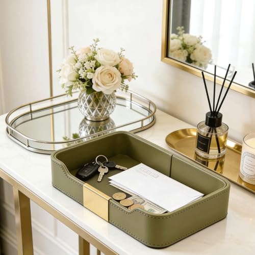 PU Leather Valet Tray Catchall Organizer for Men - Nightstand Dresser Desk Tray for Keys Wallet Watch Jewelry, Bedside Entryway Table Storage Box, EDC Accessories Holder Catch All Dish, Green - color: Green