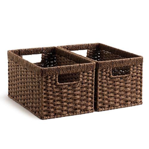 StorageWorks Round Paper Rope Storage Baskets, Rectangular Wicker Baskets with Built-in Handles, Medium, 2-Pack - color: Dark Brown (Paper Rope), size: 2x 13¼"L x 8¼"W x 7"H