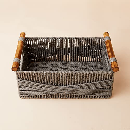 LA JOLIE MUSE Wicker Storage Baskets for Organizing, Recyclable Paper Rope Basket with Wood Handles, Decorative Hand Woven Basket Organizers for Makeup Books Shelves Living Room, Grey, Set of 2 - color: Grey