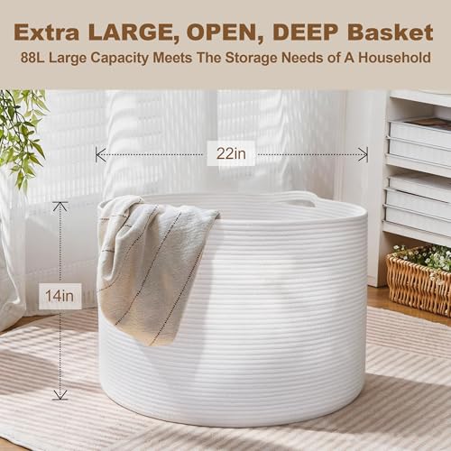MEGASKET White Cotton Rope Storage Basket, 22" X 22" X 14" Extra Large Blanket Storage Living Room, XL Soft Toy Bin for Organizing, Woven Baby Laundry Basket with Handle, White Wicker Hamper Nursery - color: White, size: 22"x22"x14"