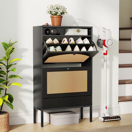 YIKEHOME 23.5" Shoe Storage Cabinet with 2 Rattan Flip Drawers, Freestanding Slim Shoe Organizer with Built-in Recessed Power Strip for Entryway, Foyer, Hallway, Black