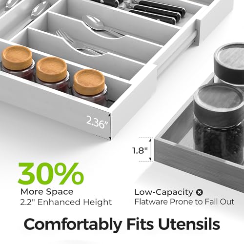 Bamboo Kitchen Drawer Organizer, Expandable Silverware Organizer with Removable Knife Block, 6-8 Slots- Utensil Holder & Cutlery Tray Drawer Dividers, 2.36" Deep for Extra Capacity, White - color: White