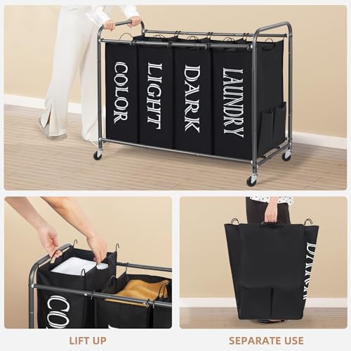 STORAGE MANIAC Laundry Sorter 4 Section, 47.8 Gal (181 L) Laundry Hamper with Wheels, Clothes Divider Basket Sorter, Clothes Separator Hamper Cart with Wheels and Removable Bags, Label Black - color: Lable Black, size: 4 Section