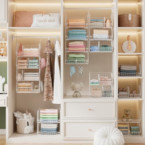 4 Tier Extra Large Hanging Closet Organizer ,Closet Organizer Hanging with 5 S Hooks 4 Dividers,Clothes Organizer Clothing Sweaters Clutches Handbags Hats Accessories-White - color: White, size: 4-Tier