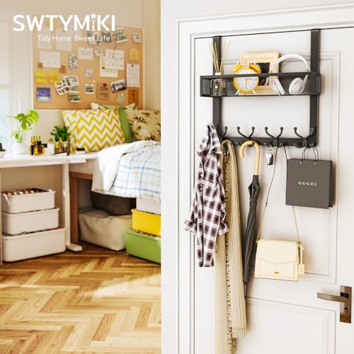 SWTYMIKI Over The Door Hook with 16 Hooks & Mesh Baskets - Heavy Duty Over The Door Organizer Hanger for Towels, Coats, Clothes - Space Saving Hanging Rack for Bathroom, Living Room, Black - color: Black-1 Basket