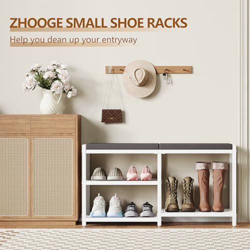 ZHOOGE Shoe Bench & Rack Storage Bench with Seat Cushion, Stable Entryway Bench Holds Up to 300 lb, (35" L x 12" W x 17" H, White) - color: White, size: 35"L x 12"W x 17"H