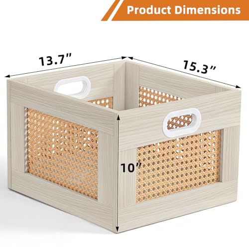 LELELINKY Vinyl Record Storage Crate, Rattan Vinyl Record Holder with Handle, Wood Record Crate for Vinyls Holder up to 75 LP's, Desktop Cube Album Storage for Vinyls Records(Grey White) - color: Grey White, size: 1 Pack