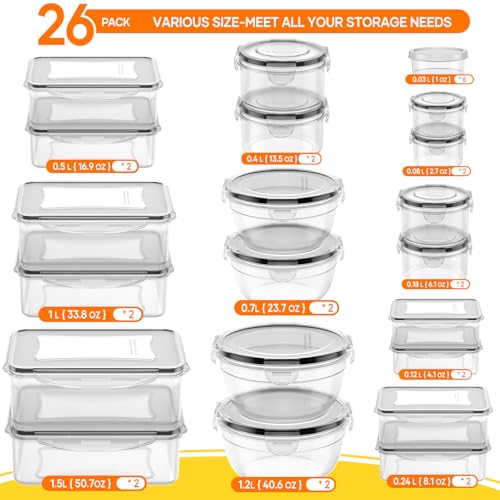 52 PCS Food Storage Containers with Lids Airtight (26 Lids & 26 Containers)- Reusable Plastic Leakproof Meal-Prep Container for Kitchen Storage Organization Microwave/Dishwasher Safe with Labels & Pen - color: 26 Pack