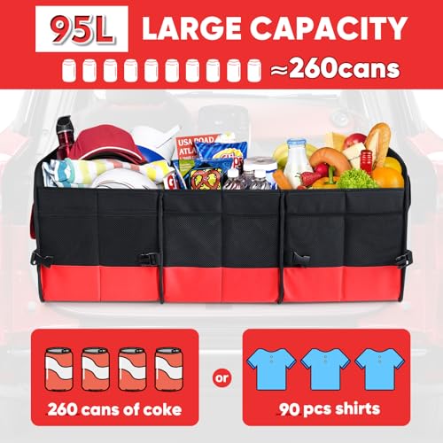 Simniam Large Trunk Organizer for Car, Foldable Multi Compartment Car Trunk Organizer with 2 Retractable Straps, Suitable for All Kinds of Cars, SUV, Minivan - 4 Compartments Red - color: Red, size: Medium