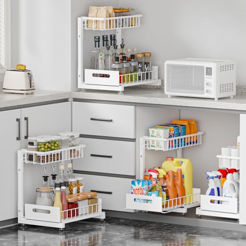 L-Shaped Under Sink Organizer, 2 Pack 2-Tier Pull Out Metal Kitchen Cabinet Organizer with Sliding Storage Drawer, Height Adjustable Heavy Duty Under Bathroom Sink Storage for Cleaning Supplies - color: White V2.0, size: 2 Pack