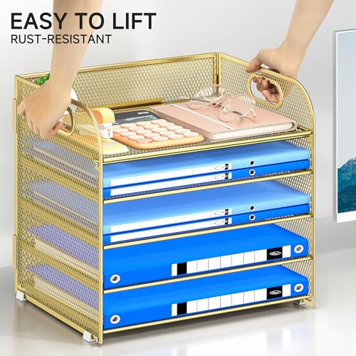 Paper Organizer Letter Tray with Handle Mesh 5 Trays Desk File Organizer Paper Sorter Desk Organizer for Office, Home or School-Gold - color: Gold, size: 12.6" x 9.1" x 13.4"