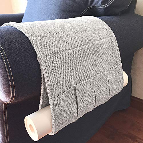 IPENNY Couch Sofa Armrest Organiser Chair TV Remote Holder Bed Storage Pocket Bag for Cellphone Tablet Notepad Book Magazines DVD Eyewears Drinker Snacks Holder Pouch - color: Beige(4 Outer Pocket + 1 Newspaper Pocket)