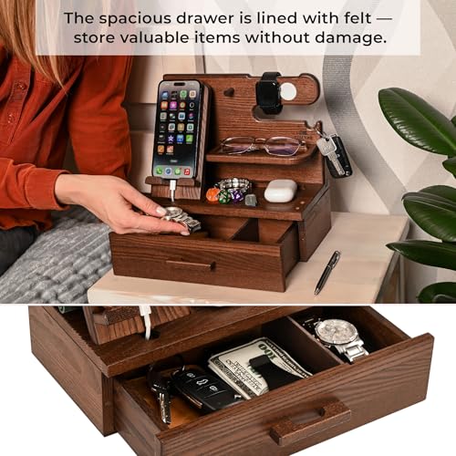 TESLYAR Wood Phone Docking Station with Drawer - Nightstand Organizer - Desk Organizer for Husband - Birthday Gifts for Men, Dad, Anniversary Idea, Key Holder Stand Watch & Accessories (Bourbon Brown) - color: Bourbon Brown