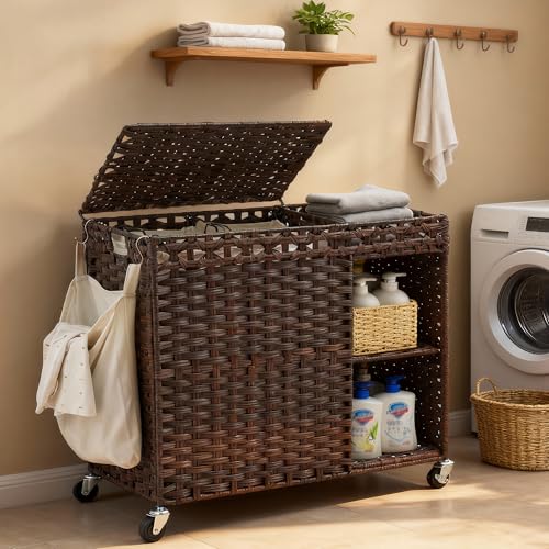Laundry Hamper with Lid, 160L Rattan Wicker Laundry Basket with Wheels, Handwoven Laundry Hamper 2-Section with Storage shelf(42.3 Gal), Laundry Sorter Basket with Removable Liner, Brown HLH032BR - color: Brown, size: 29.5”L x 13”W x26.4”H