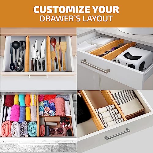 4-Pack Bamboo Drawer Dividers - 2.6 Inches High, Adjustable 12 to 17 Inches Expandable Drawer Organizer Dresser Separator for Clothes, Utensils, Bedroom, Bathroom, Kitchen, Office Storage Organization - color: Bamboo, size: 2.6-Inch High (4-pk)