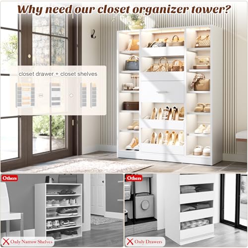 Besiost 40" Closet System with LED Lights, Wooden Closet Organizer System with Drawers & Shelves, Versatile Closet Storage Tower for Walk-in Closets, Shoe Rack and Handbag Storage Cabinet, White - color: White