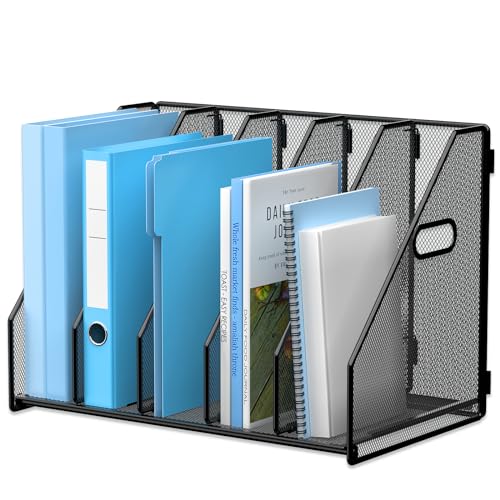 MINDEPOT Desk File Organizer Metal Desk Magazine Folder Holder with 5 Vertical Compartments Rack File Organizer for Office, Home, School, Black - color: Black