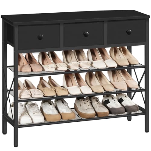 YATINEY 4-Tier Shoe Rack with 3 Drawers, Metal Shoe Organizer for 15 Pairs with Storage Shelves and Wooden Top, for Entryway, Hallway, Foyer, Closet, Black SS34BB - color: Black, size: 4 Tiers (31.2"H)