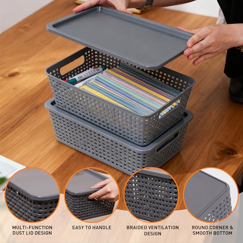 Plastic Storage Baskets With Lid, Storage Bins for Organizing, Stackable Decorative Containers for Shelves Drawers Desktop Closet Playroom Classroom Office, 6 Pack-Grey - color: Grey, size: 6 Pack