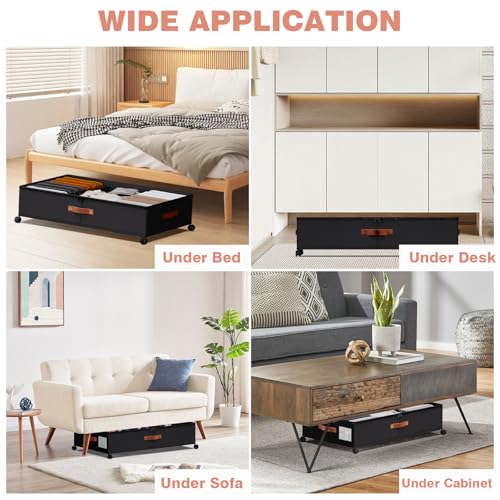 Under Bed Storage 2 Pack 66L, Rolling Containers with Wheels, Heavy Duty Metal Frame, 600D Oxford Fabric, Clear Lid, Adjustable Dividers for Clothes Shoes Blankets, Dorm Space Saving, Black