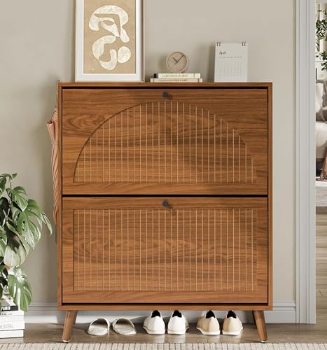 Fsbecl Shoe Storage Cabinet for Entryway with 2 Flip Drawers, Narrow Wood Shoe Cabinet with Fluted Panel, Freestanding Hidden Shoe Organizer for Foyer, Hallway (Walnut) - color: Walnut - With Shelf