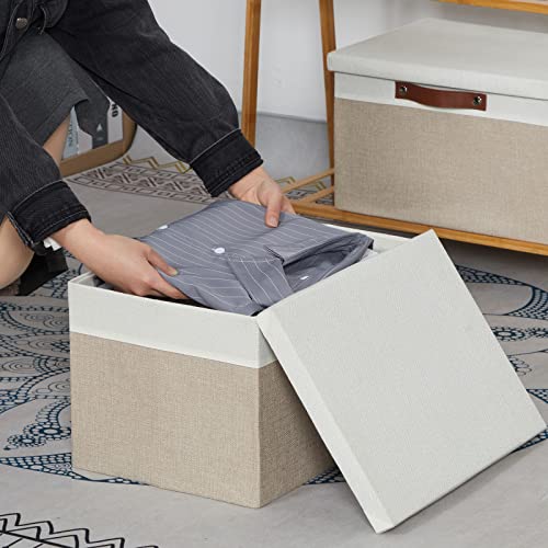 Temary Foldable Storage Bins with Lids, [2-Pack] Large Storage Baskets with Lid, Fabric Storage Bin for Organizing Home (White & Khaki, 15x11x9.5inch) - color: White&Khaki, size: 15×11×9.5