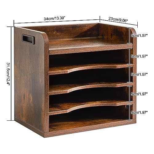 YMYNY Desktop File Organizer with Handle, Document Letter Mail Tray Sorter with 3 Adjustable Shelves, 5 Tiers Paper Holder for School Home Office Desk, Rustic Brown,13.4 * 12.4 * 9.06" UHBC006H - color: Rustic Brown