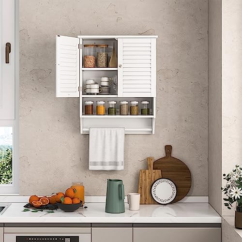 Tangkula Wall Mounted Bathroom Cabinet with Open Shelf & Bar, Medicine Cabinet with Double Louvered Doors, Wall Storage Cabinet with Adjustable Shelf, for Bathroom Living Room Kitchen (White) - color: White