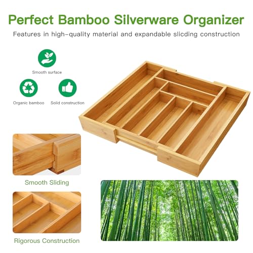 Pipishell Bamboo Expandable Silverware Drawer Organizer, Adjustable Kitchen Utensil Tray for Forks, Spoons and Knives, Wood Storage Cutlery Holder for Bedroom and Living Room - color: Natural, size: Large