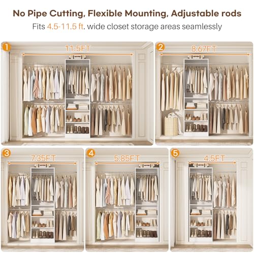 Homieasy Closet System, 4.5-11.5 Ft Expandable Closet Organizer with 5 Hanging Rods, Walk-in Wood Closet Organizer System with Storage Tower, Heavy Duty Garment Rack Wardrobe for Bedroom, White - color: White