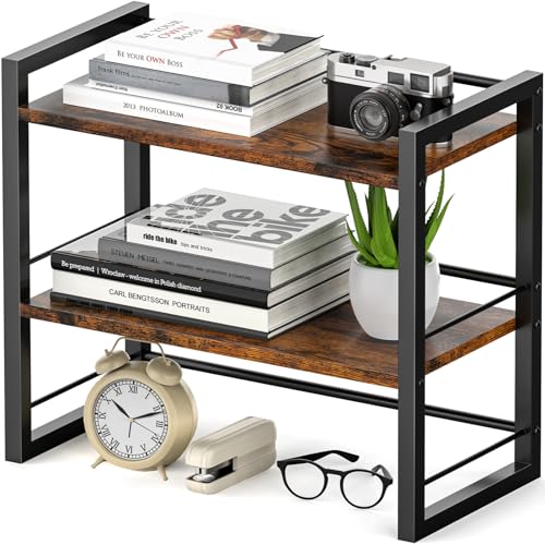 Office Desk Shelf Organizer, Wood Desktop Bookshelf Supplies Storage Rack, Shelf for Top of Desk and Dresser (Brown-2 Tier) - color: Brown
